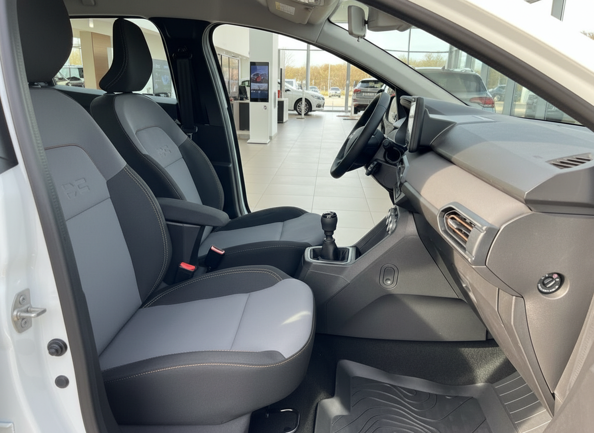 Fahrzeuginnenraum mit grauen Stoff-Vordersitzen, Schaltgetriebe und modernem Armaturenbrett im Autohaus