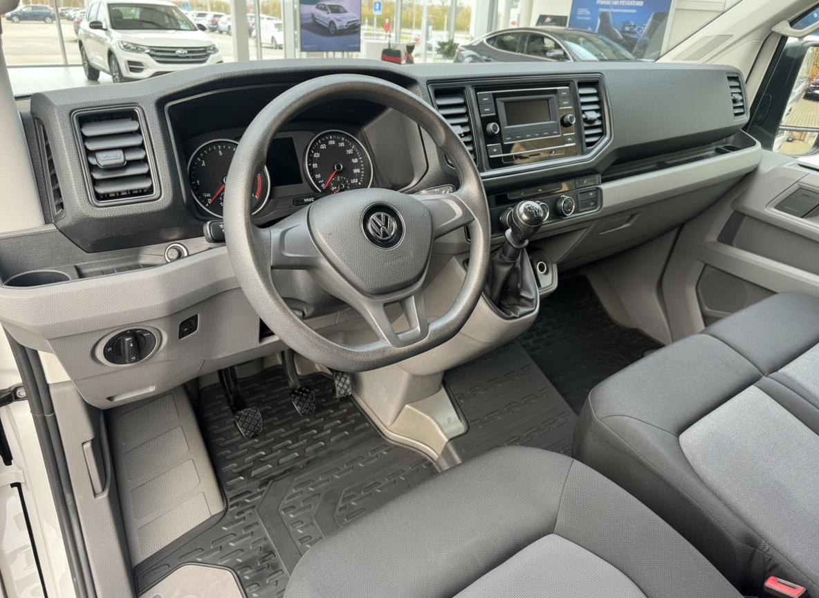 Volkswagen Crafter Innenraum mit Lenkrad, Schaltgetriebe und grauem Cockpit