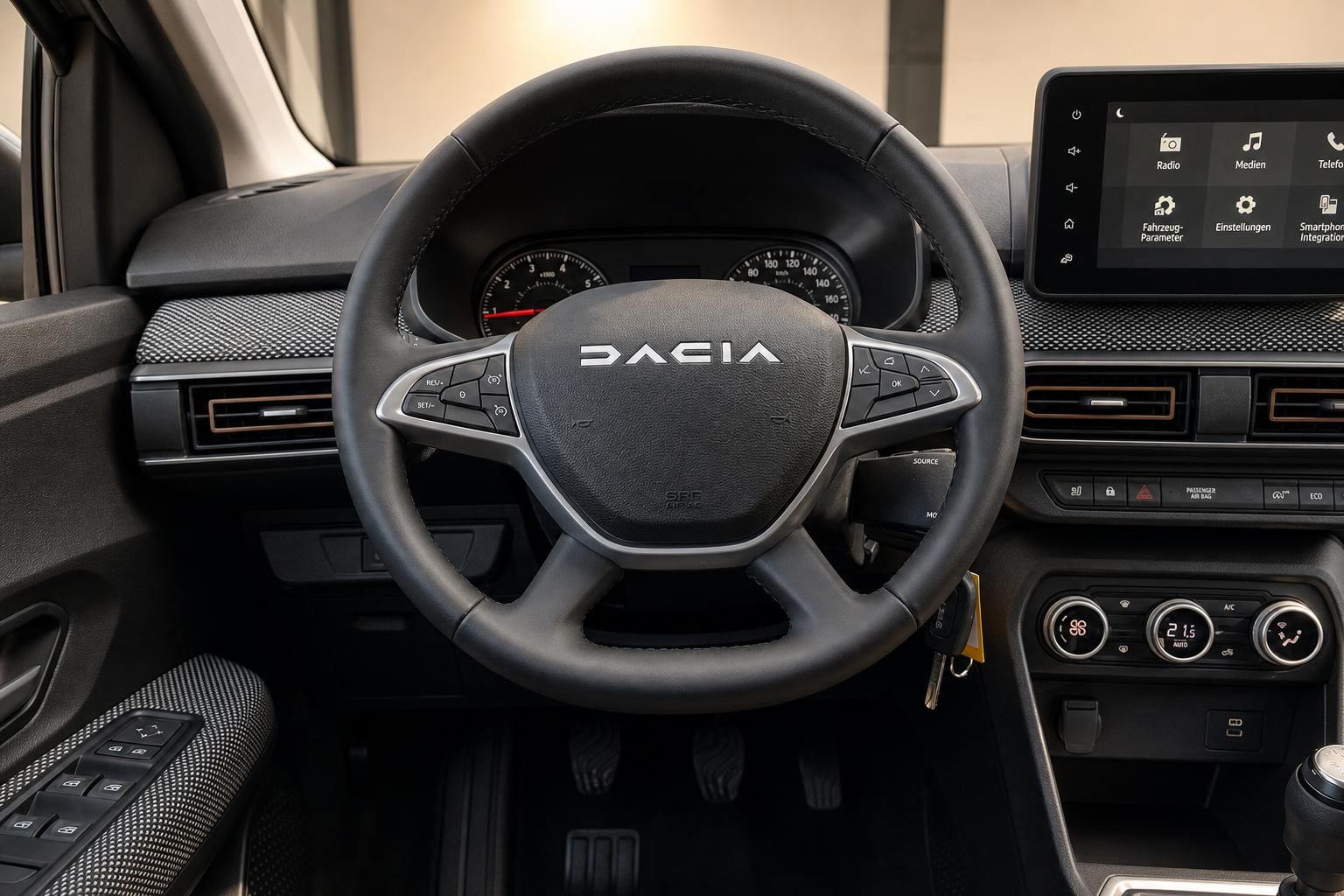 Dacia Cockpit mit schwarzem Lenkrad, Armaturenbrett und Touchscreen-Display