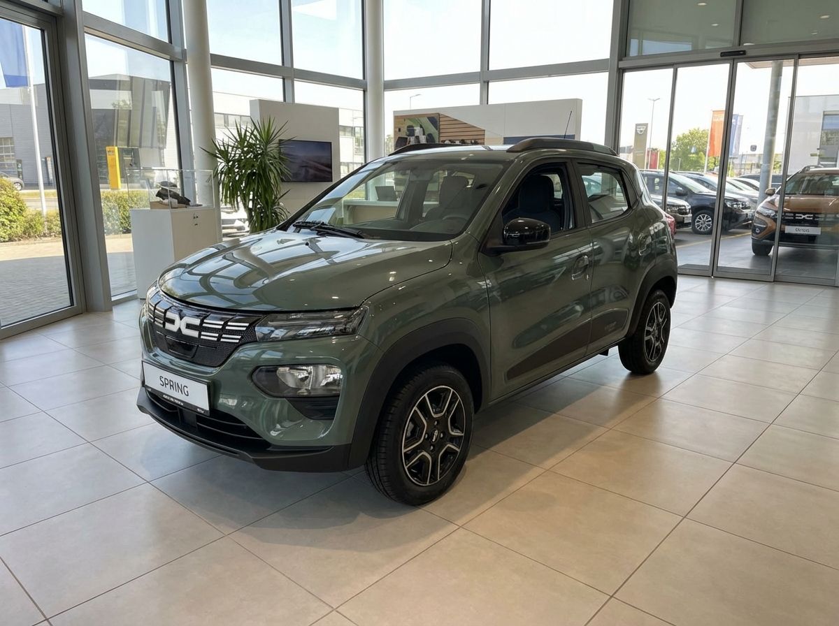 Dacia Spring Elektro SUV in Khakigrün im Autohaus Showroom Frontansicht