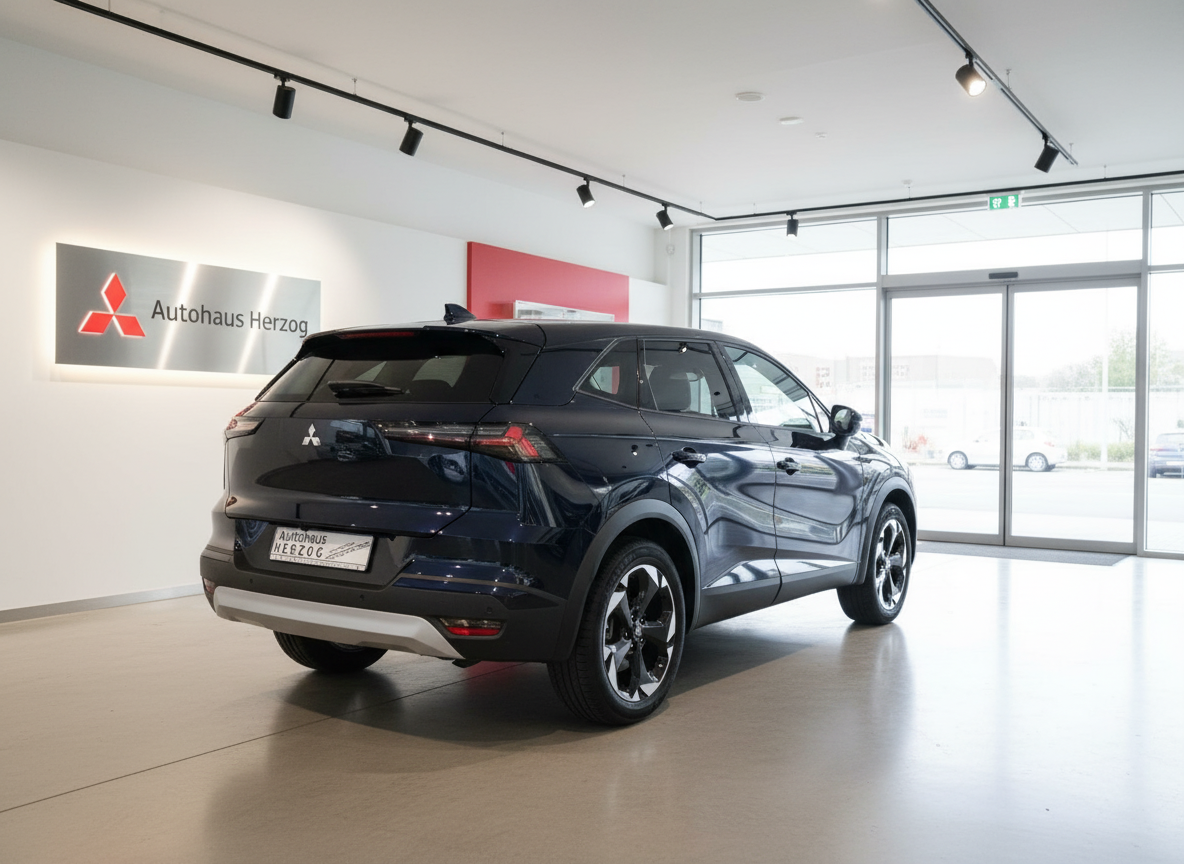 Mitsubishi Eclipse Cross in Dunkelblau, Heckansicht im Autohaus Herzog Showroom