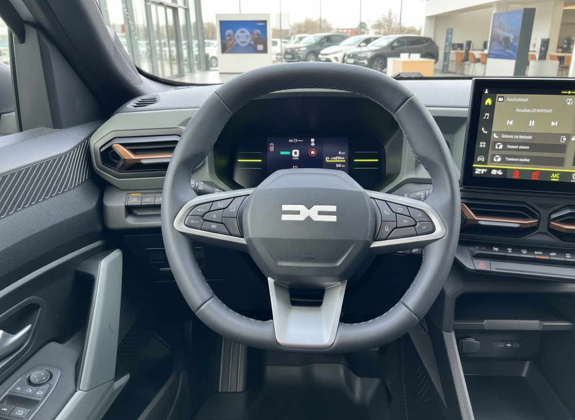 Dacia Innenraum mit Lenkrad, Digitaltacho und Infotainment-Display im Autohaus