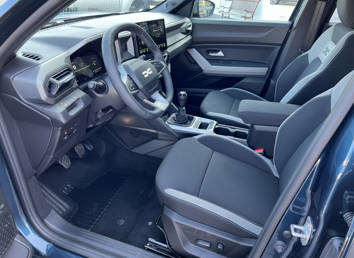 Dacia Innenraum mit schwarzen Stoffsitzen, Lenkrad und digitalem Cockpit