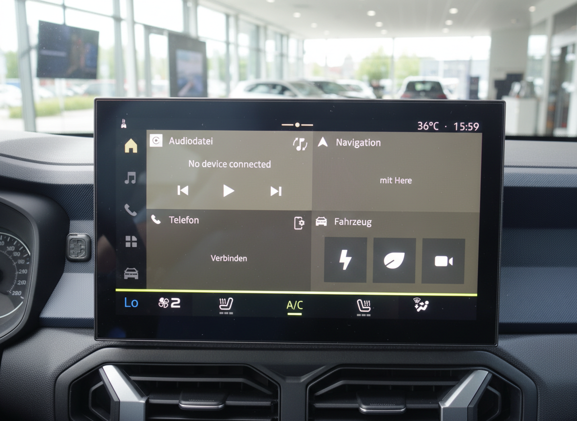 Fahrzeug-Infotainmentsystem mit Navigation, Telefon und Audiofunktionen im Innenraum