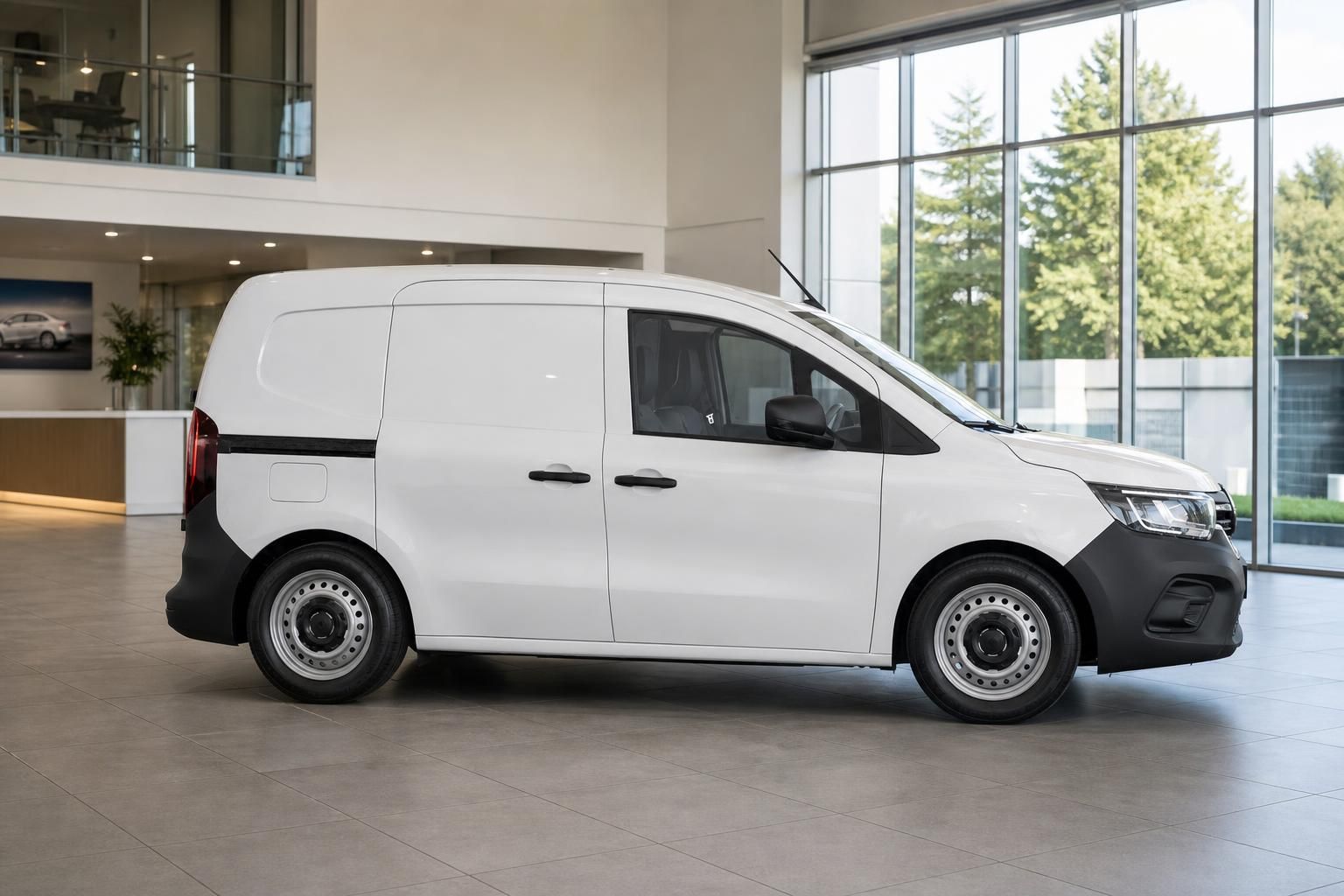 Renault Kangoo Van weiß seitlich vor großer Fensterfront