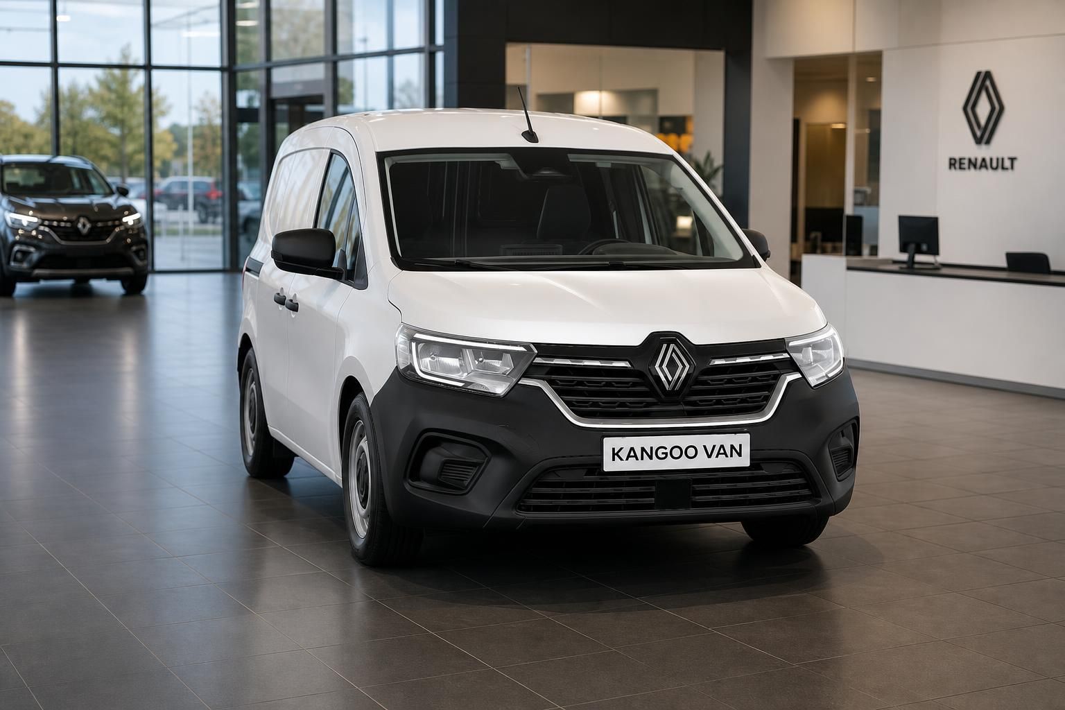 Renault Kangoo Van weiß in der Frontansicht im Autohaus-Showroom