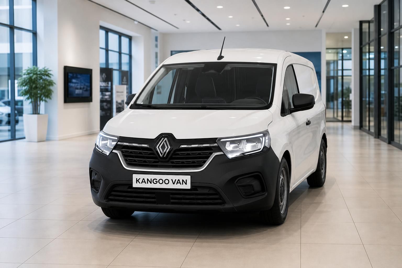 Renault Kangoo Van weiß Frontansicht im hellen Autohaus präsentiert