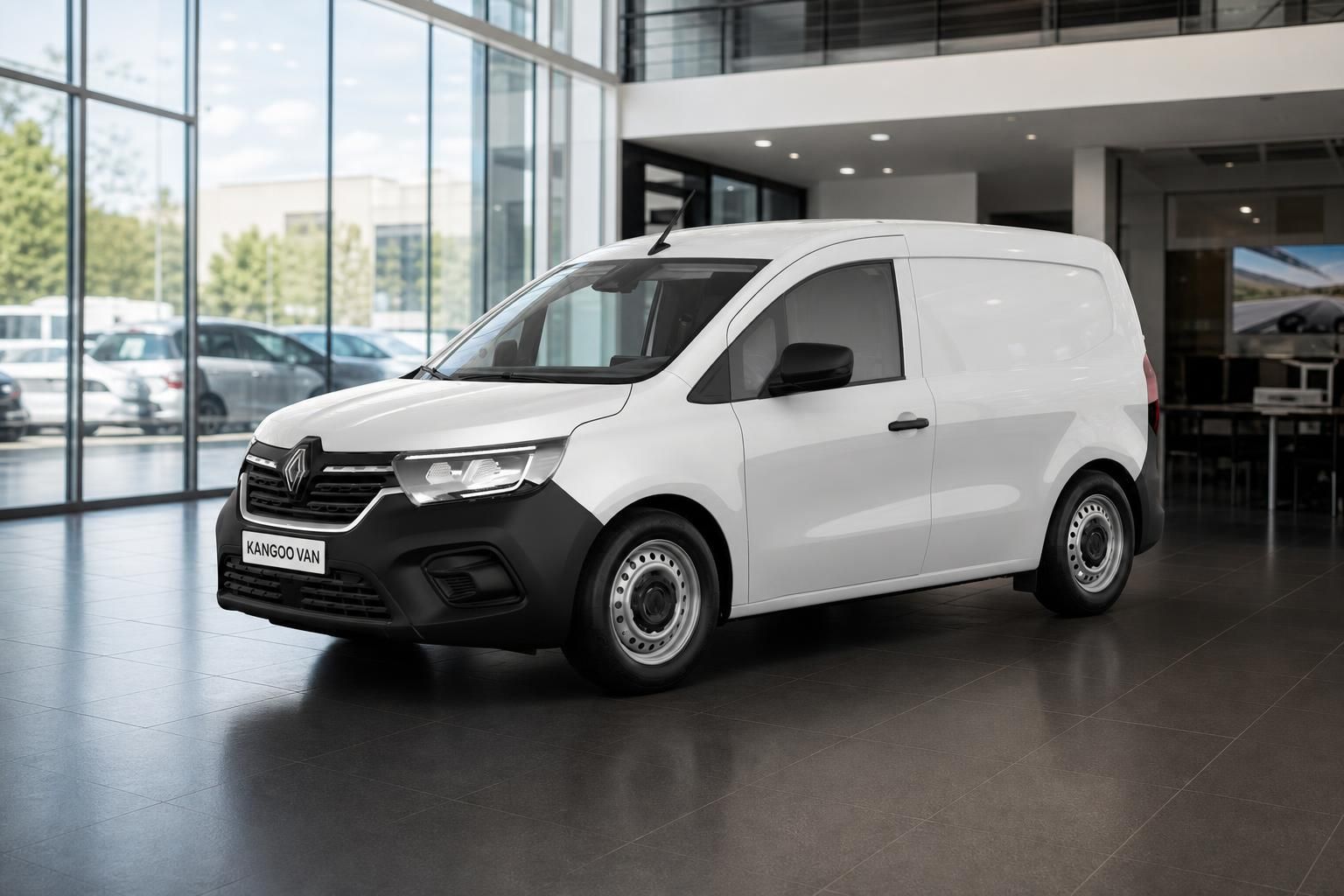Renault Kangoo Van weiß in Frontansicht auf Ausstellungsfläche