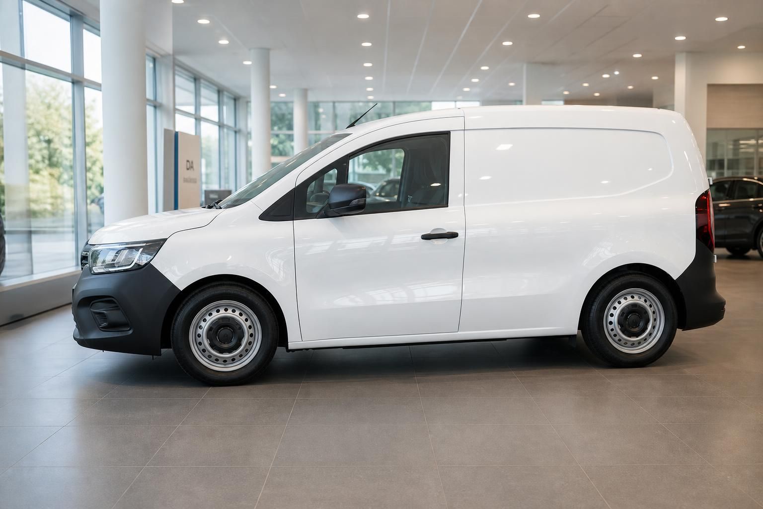 Weißer Renault Kangoo Van Kastenwagen in Seitenansicht im Autohaus