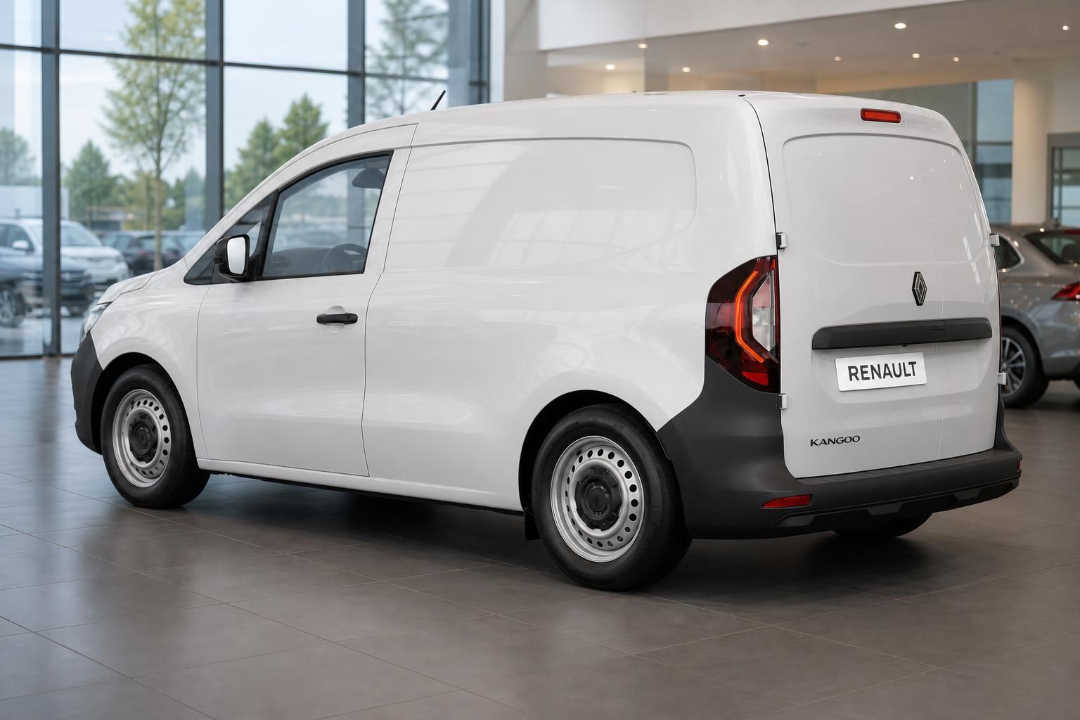 Renault Kangoo Kastenwagen weiß in Heckansicht im Showroom