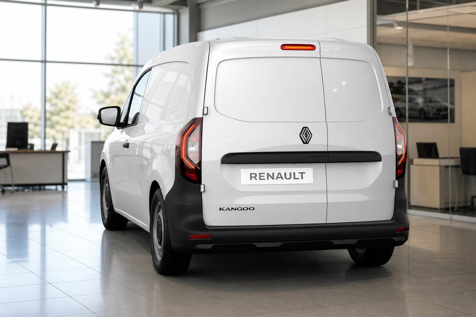 Renault Kangoo Van weiß Heckansicht mit Renault Logo im Showroom