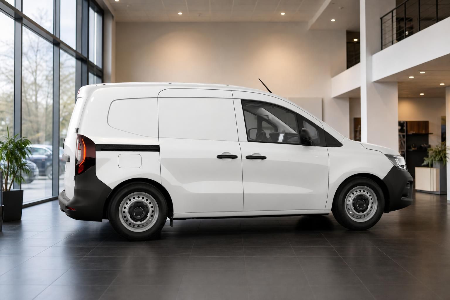 Renault Kangoo Van weiß in Seitenansicht im Autohaus-Showroom