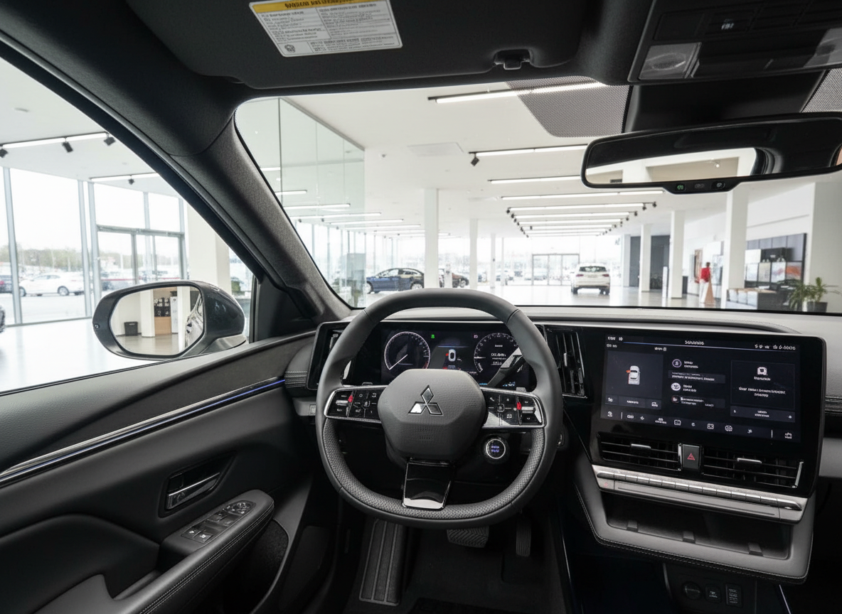 Mitsubishi Innenraum mit Lenkrad, Digitalcockpit und Touchscreen-Infotainment im Autohaus