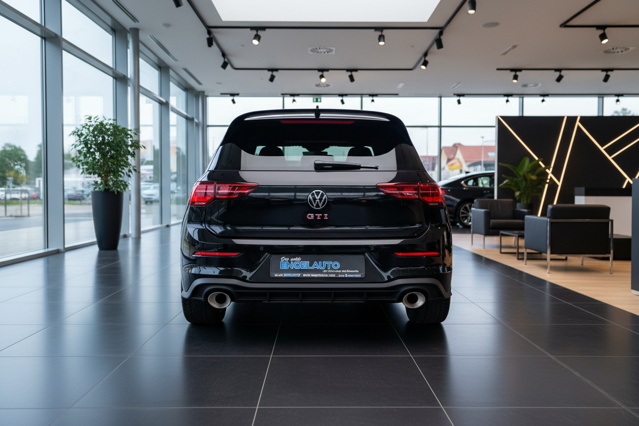 Schwarzer Volkswagen Golf GTI Heckansicht im modernen Autohaus Engelauto Showroom mit großen Fenstern und eleganter Beleuchtung