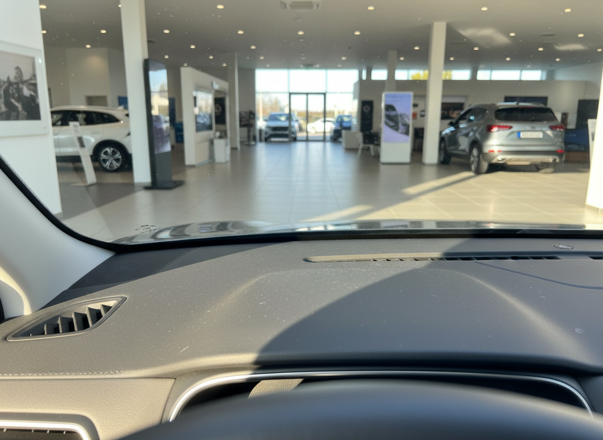 Innenraum eines Fahrzeugs im Hyundai Autohaus mit Blick durch die Windschutzscheibe auf Ausstellungsfahrzeuge