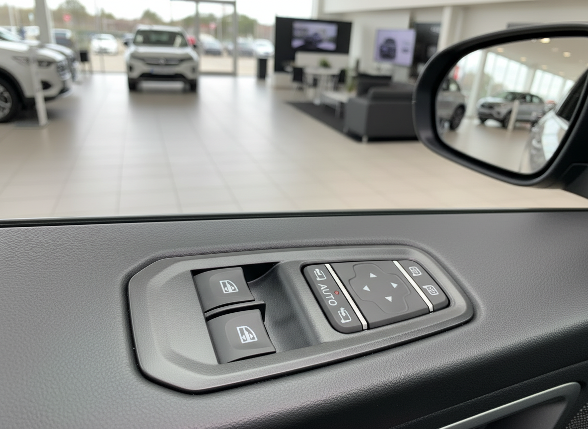 Fahrzeugtür-Innenverkleidung mit Fensterheber und Spiegelverstellung im Autohaus