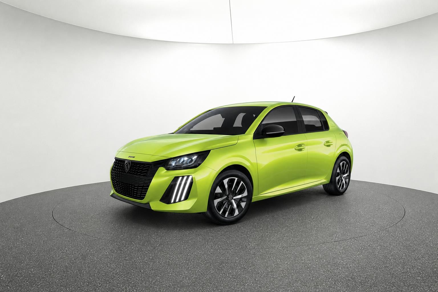 Peugeot 208 Schrägansicht vorne links in Gelbgrün – moderner Kleinwagen mit LED-Tagfahrlicht