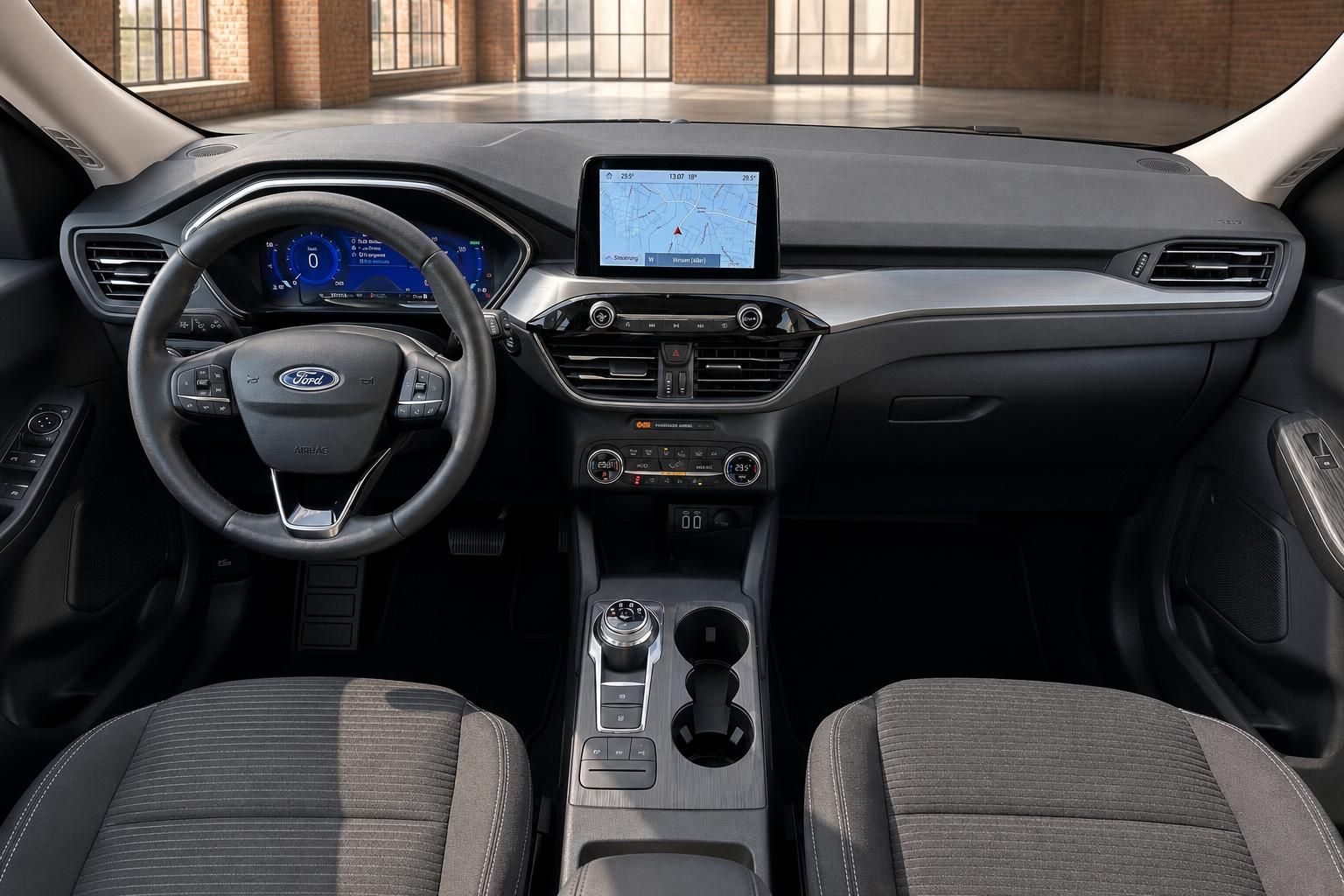 Ford Kuga Innenraum Frontansicht mit Lenkrad, Display und Sitzen