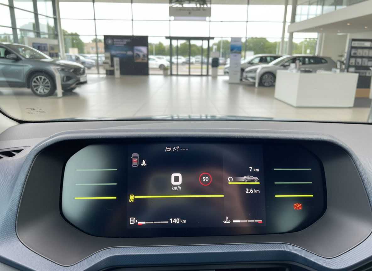 Volkswagen Digitales Cockpit Instrumentendisplay mit Geschwindigkeitsanzeige 50 km/h im Autohaus
