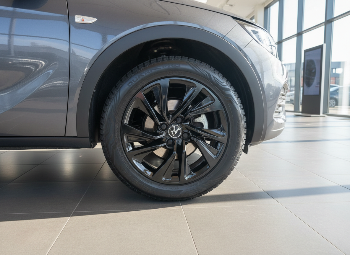 Grauer Vauxhall/Opel SUV Vorderrad mit schwarzer Felge im Autohaus-Showroom