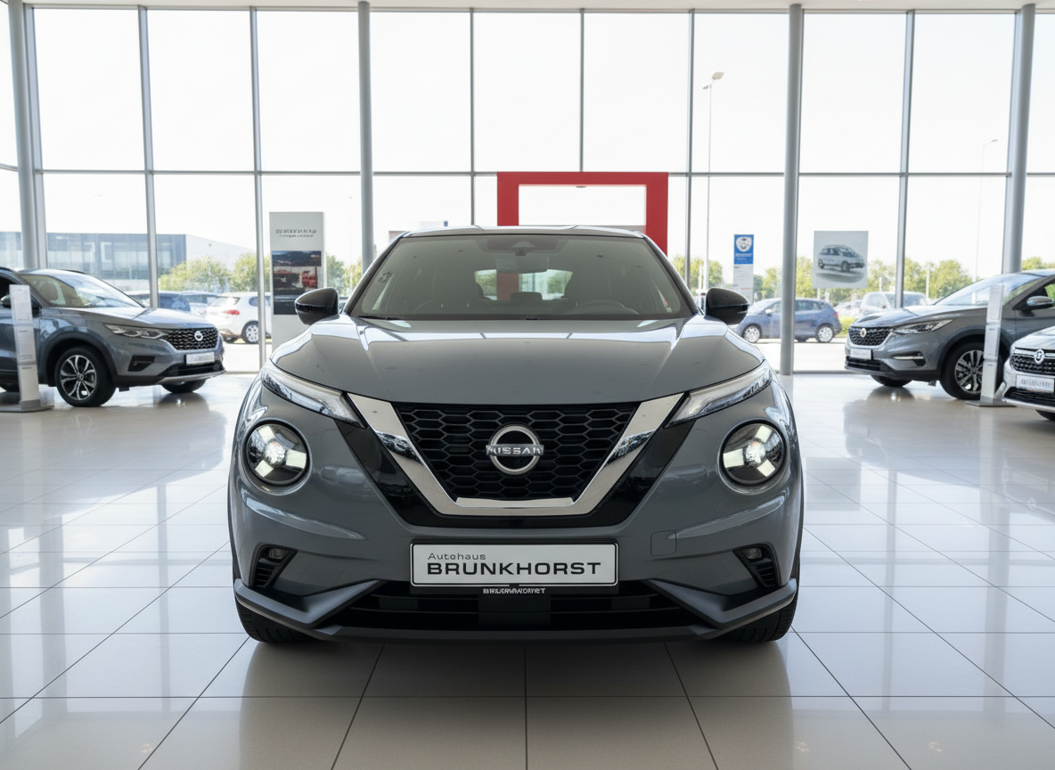Grauer Nissan Juke Frontansicht im Autohaus Brunkhorst Showroom