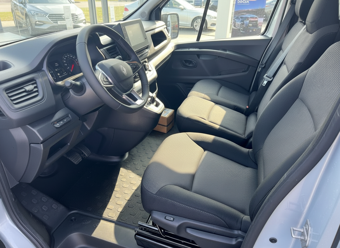 Renault Trafic Innenraum mit schwarzen Stoffsitzen und modernem Cockpit
