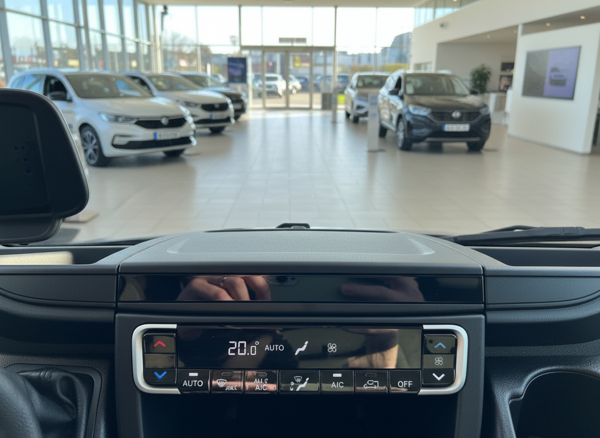 Fahrzeug-Innenraum mit Klimaanlage-Bedienfeld auf 20 Grad im Autohaus-Showroom