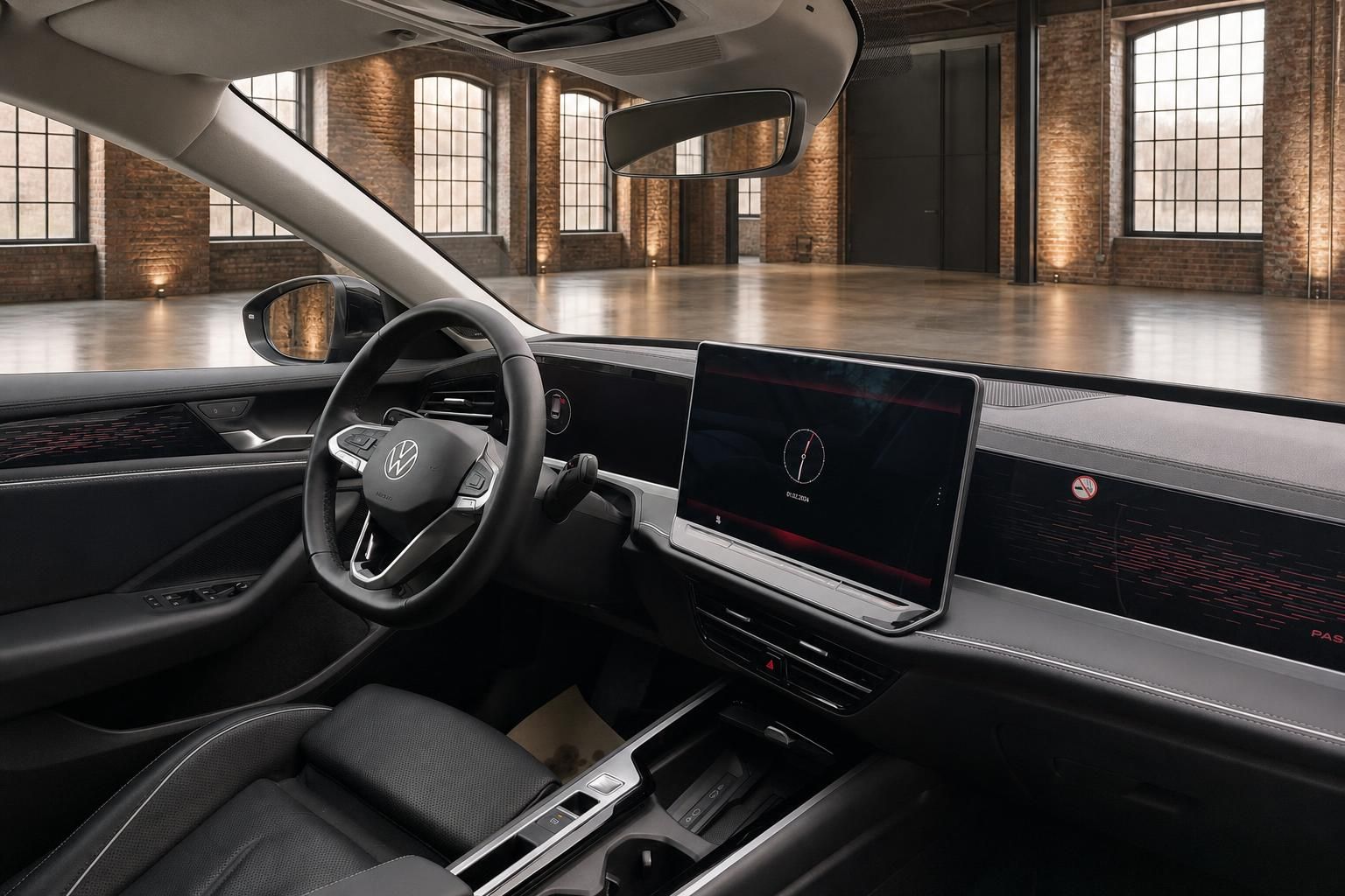 VW Passat Innenraum mit Cockpit, Lenkrad und Infotainment-Display