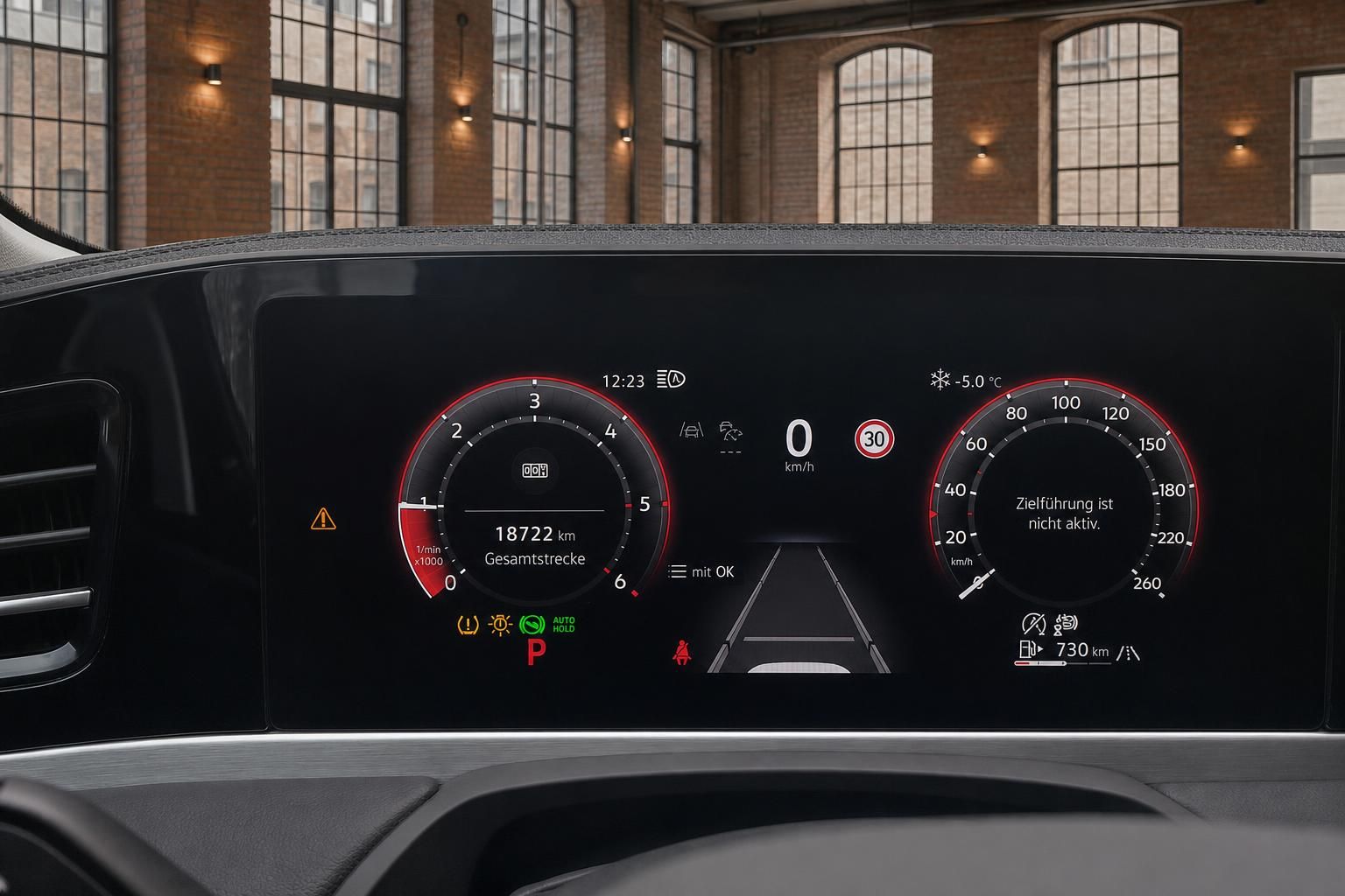 Digitales Kombiinstrument des VW Passat mit Tacho und Drehzahlmesser