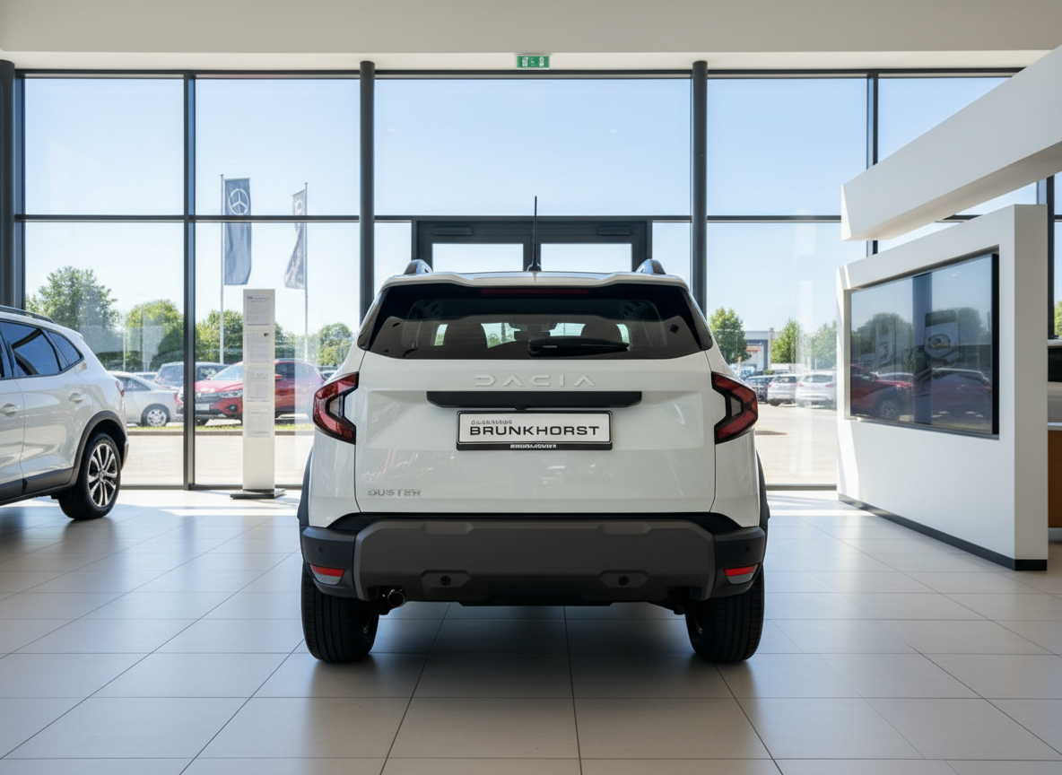 Dacia Duster SUV in Weiß, Heckansicht im Autohaus Brunkhorst Showroom
