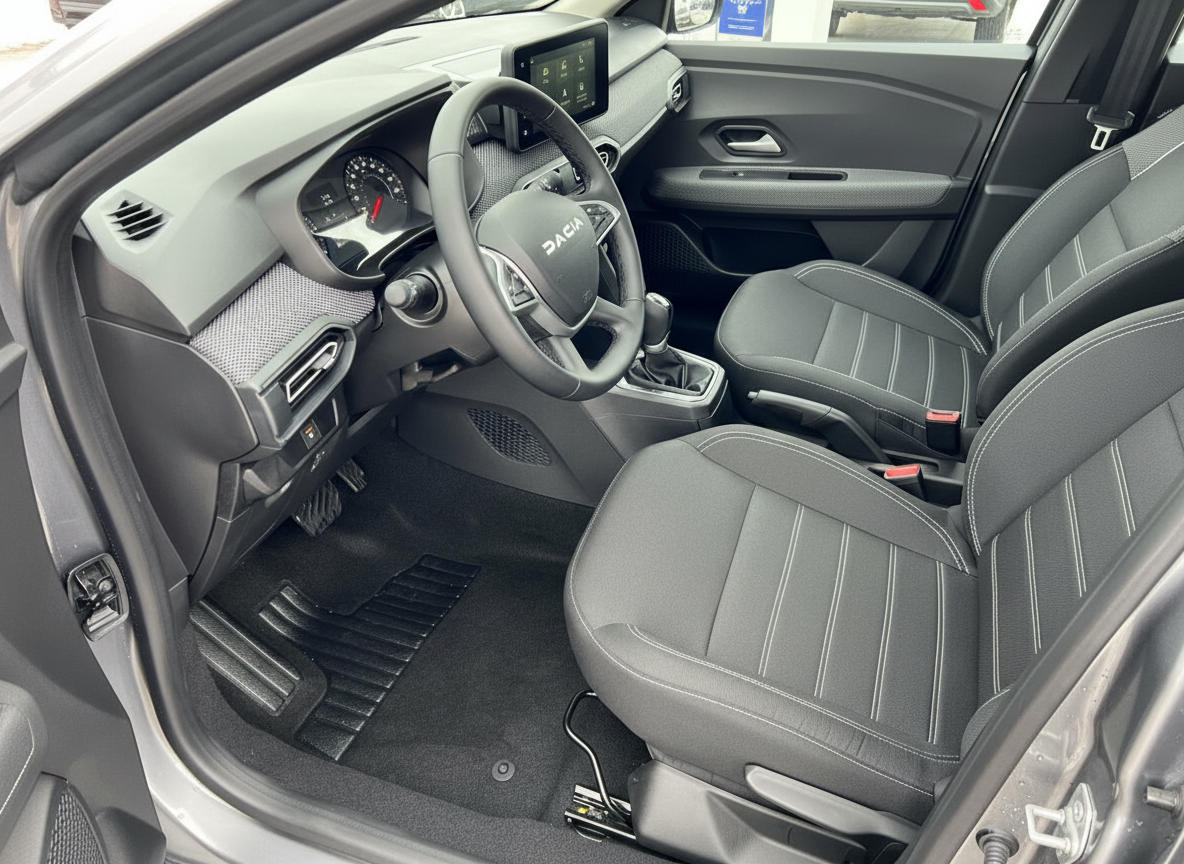 Dacia Innenraum mit schwarzen Ledersitzen, Lenkrad und Infotainment-Display