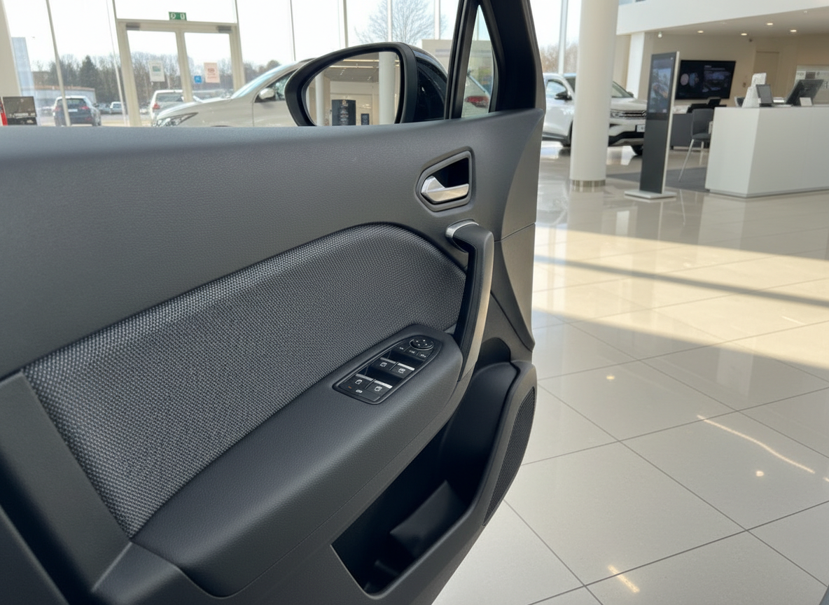 Fahrzeugtür Innenansicht mit Fensterheberschaltern und Seitenspiegel im Autohaus