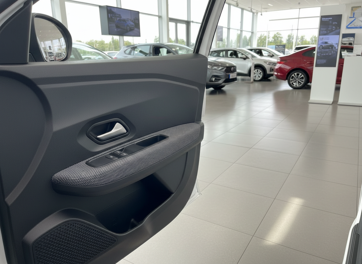 Geöffnete Fahrertür mit Türverkleidung und Fensterheber im Autohaus-Showroom