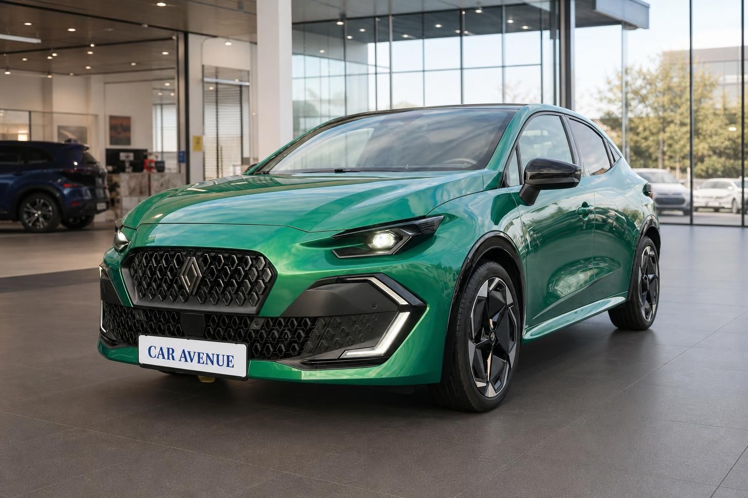 Renault Clio grün Frontansicht schräg im Autohaus – Car Avenue