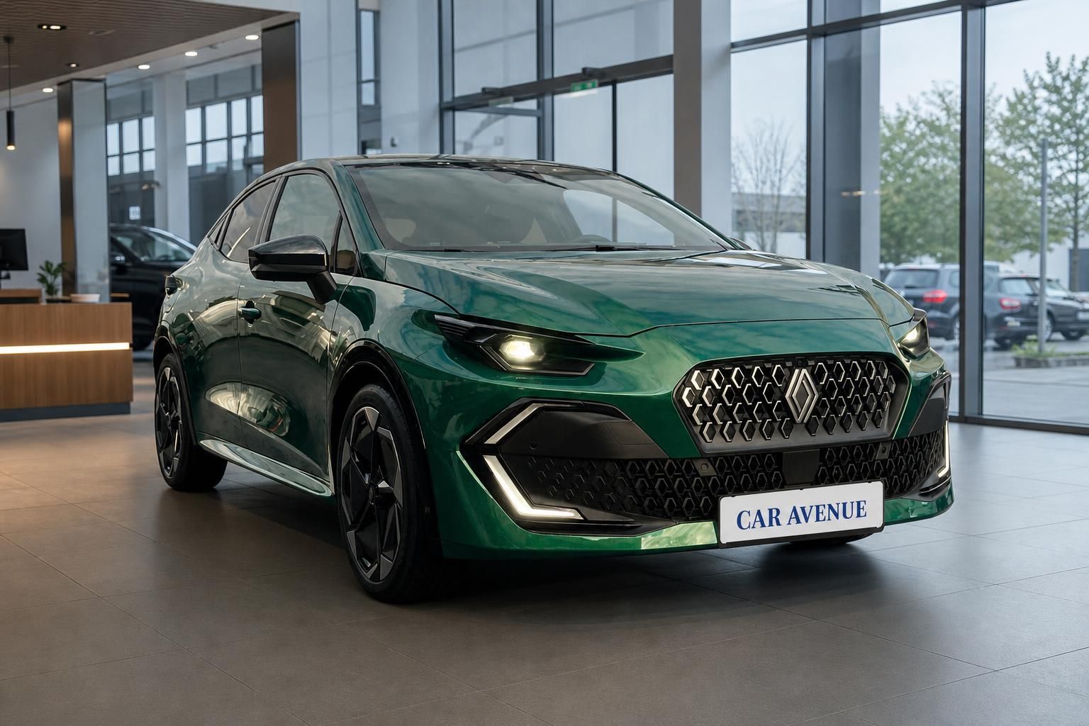Renault Clio E-Tech grün Frontansicht im Autohaus – Car Avenue