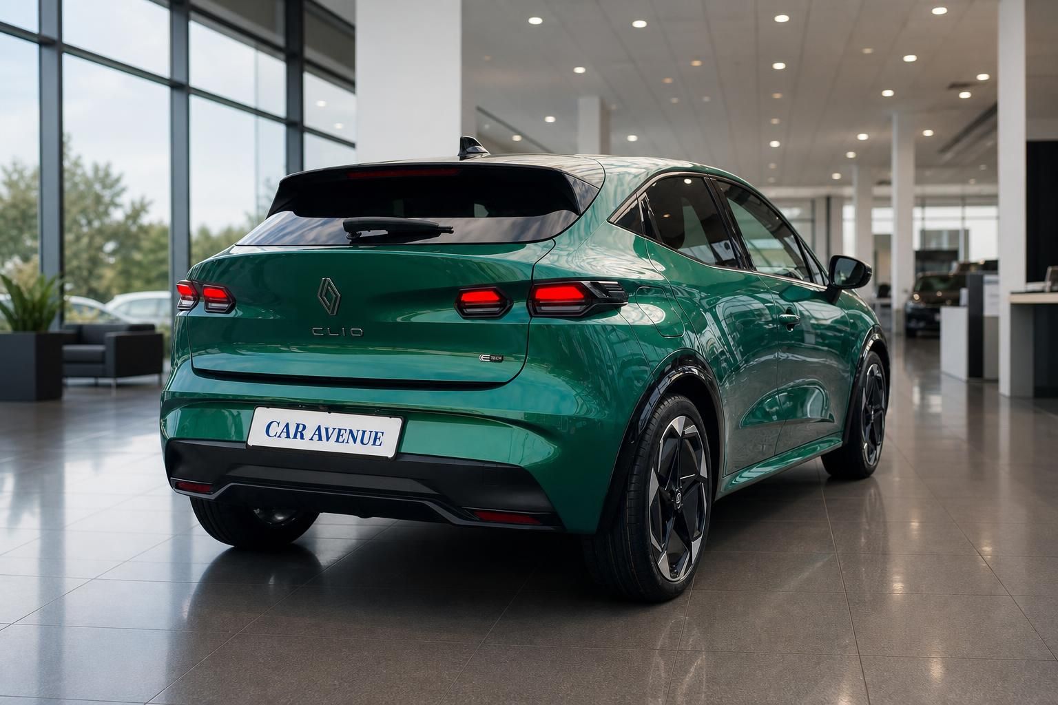 Renault Clio E-Tech grün Heckansicht Showroom – Car Avenue