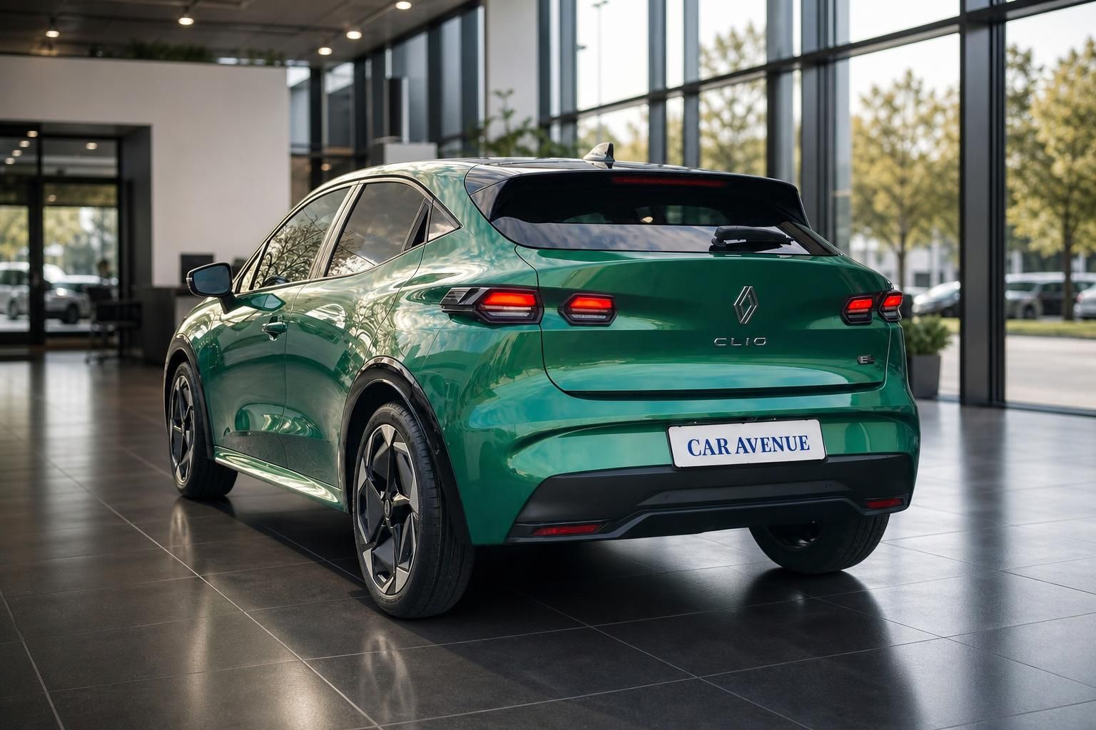 Renault Clio E-Tech grün Heckansicht im Showroom – Car Avenue
