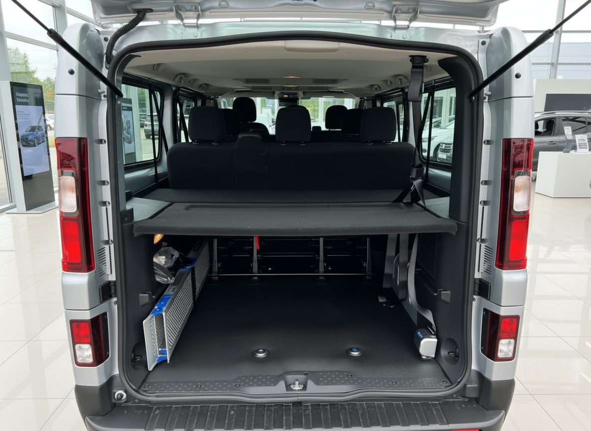 Opel Vivaro Minibus Kofferraum geöffnet mit ausgeklappter Liegefläche und Sitzreihen im Autohaus