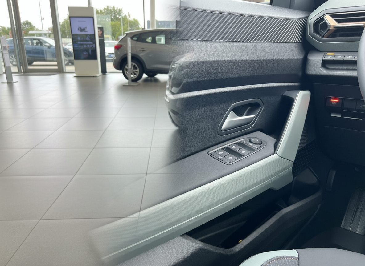 Fahrzeug Innenraum Türverkleidung mit Fensterheber und Türgriff im Autohaus