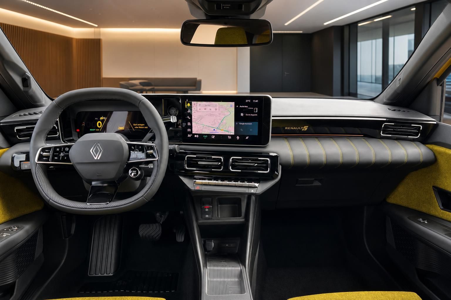Renault 5 E-Tech Cockpit mit Dual-Display, gelbem Interieur und digitalem Navigationssystem