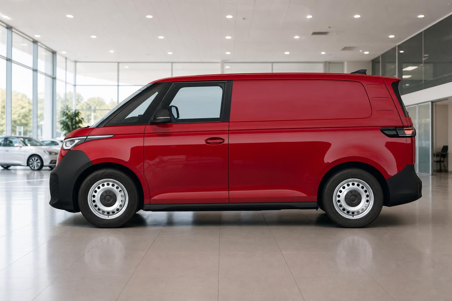 VW ID. Buzz Cargo rot Seitenansicht im Autohaus – elektrischer Kastenwagen