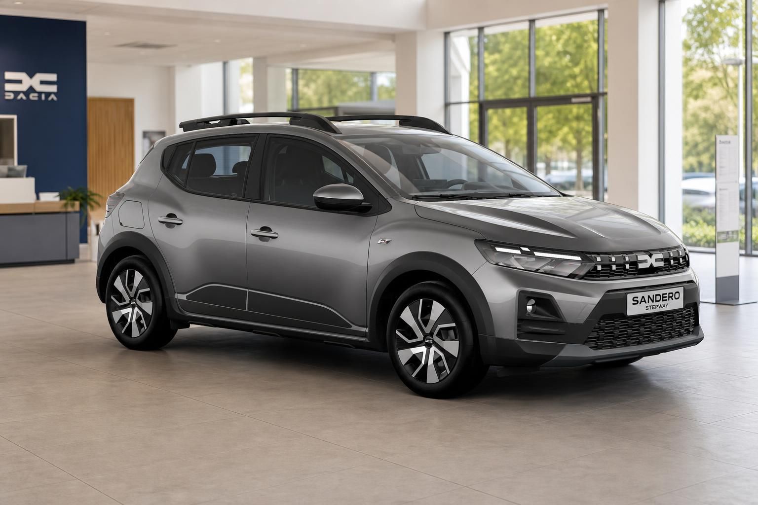 Dacia Sandero Stepway grau Frontansicht im Autohaus Showroom