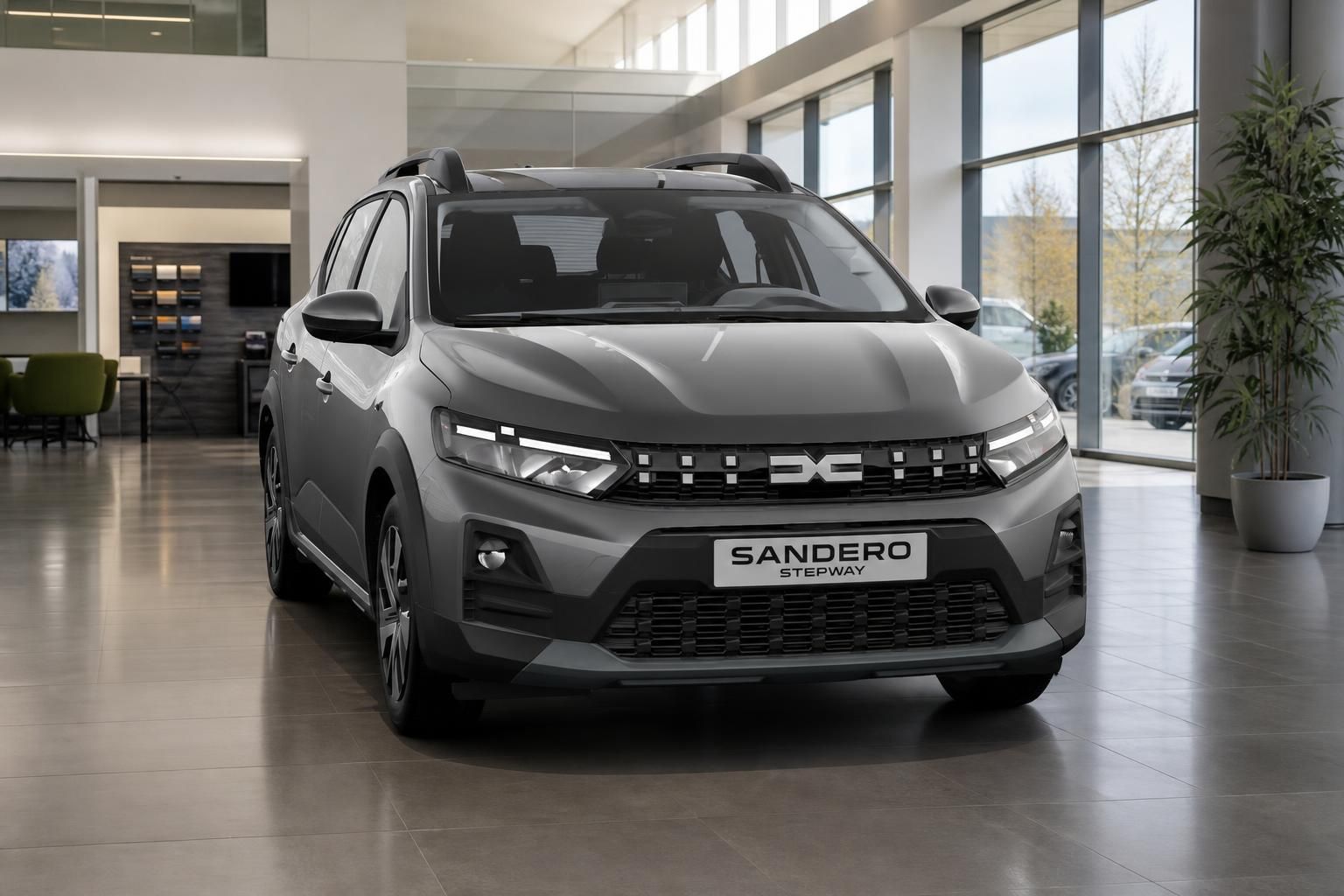 Dacia Sandero Stepway grau in Frontansicht im Autohaus Showroom