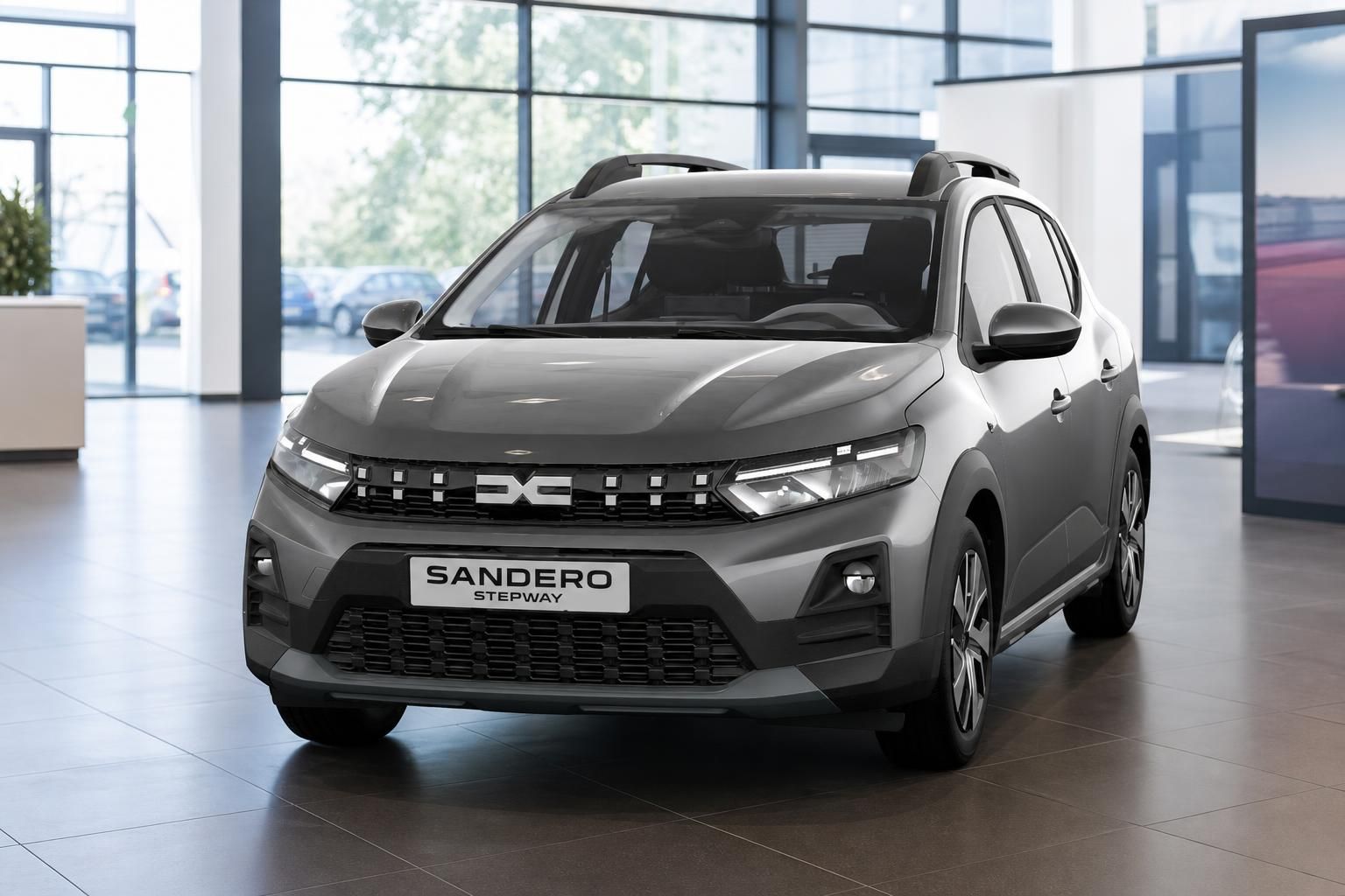 Dacia Sandero Stepway in Grau, Frontansicht im Autohaus