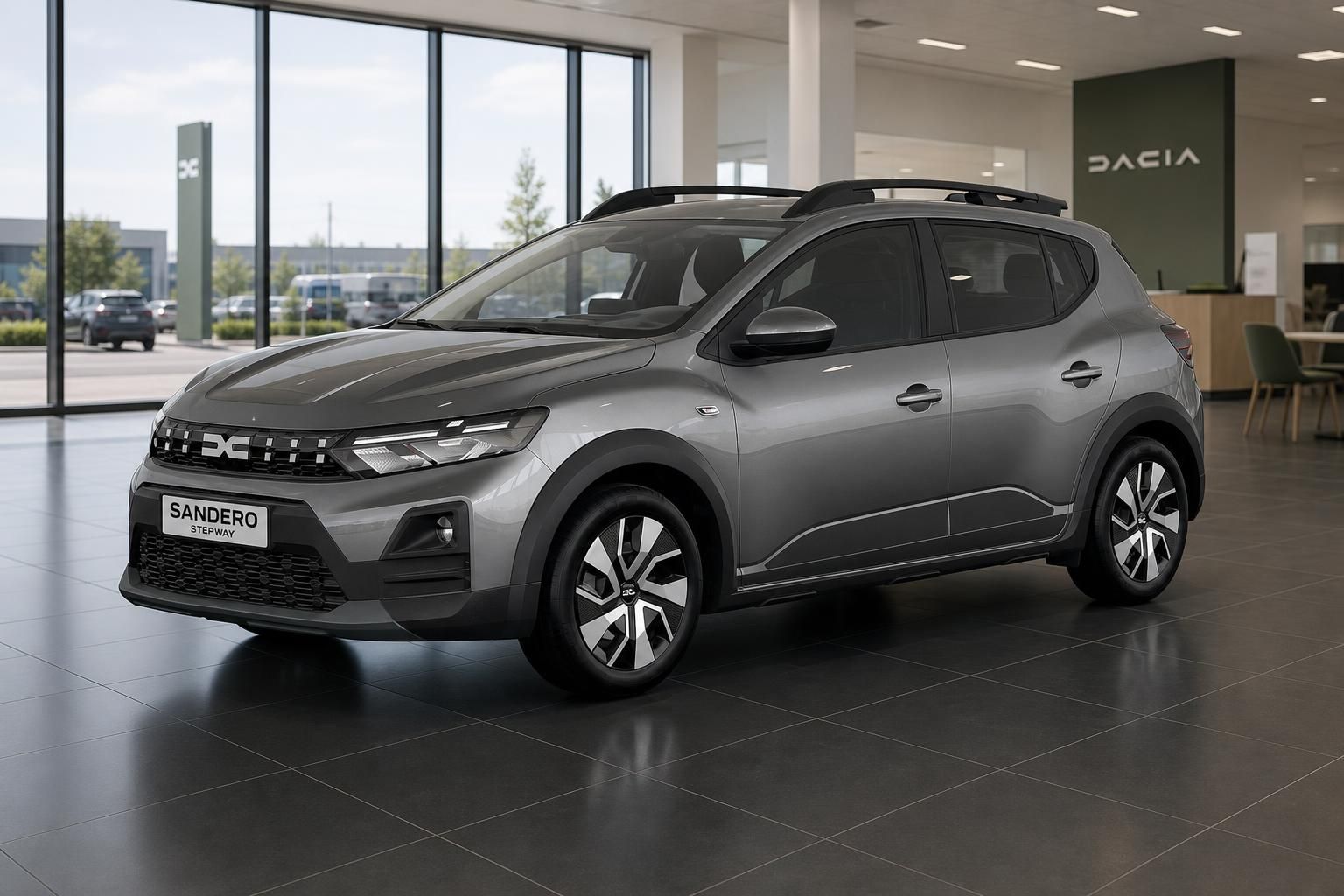 Dacia Sandero Stepway grau in Frontansicht im Autohaus Showroom