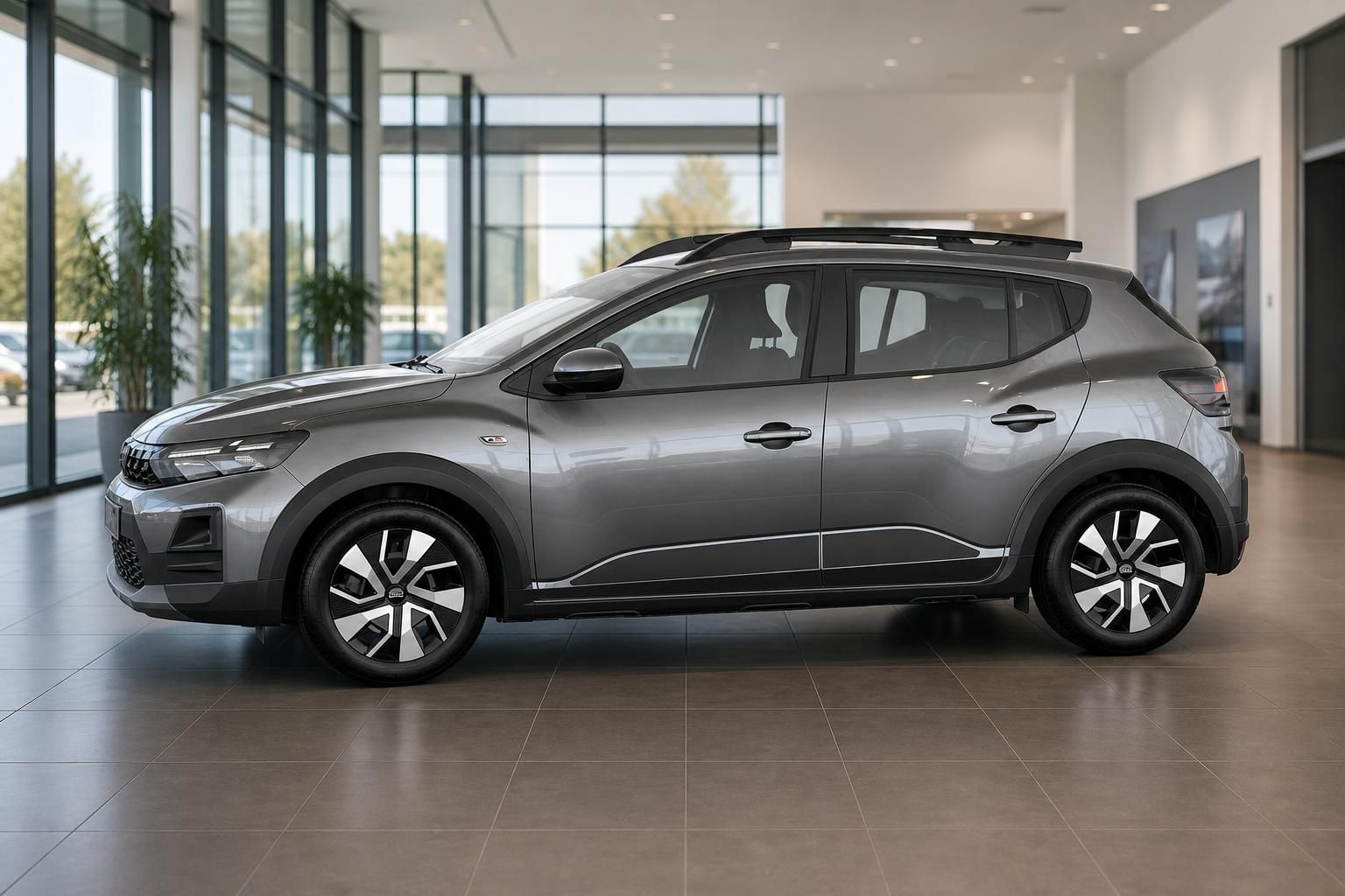 Dacia Sandero Stepway grau Seitenansicht im Autohaus Showroom