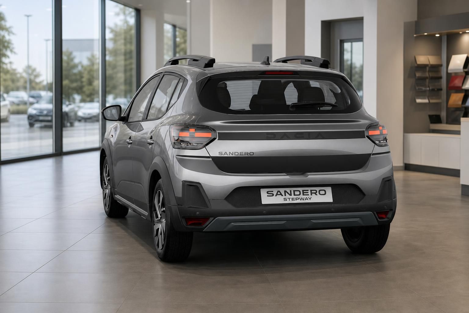 Dacia Sandero Stepway grau Heckansicht im Autohaus Showroom