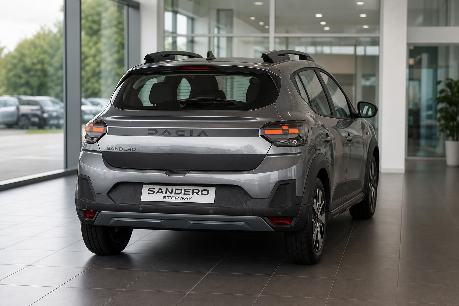 Dacia Sandero Stepway grau Heckansicht mit Dachreling im Showroom