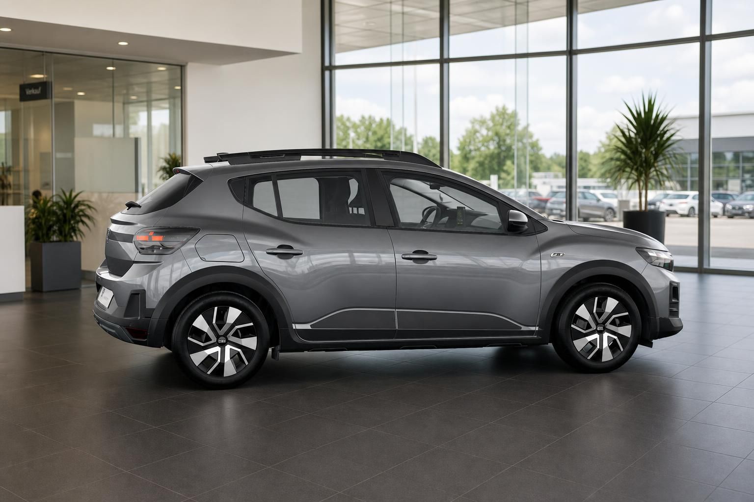 Dacia Sandero Stepway grau Seitenansicht im Autohaus