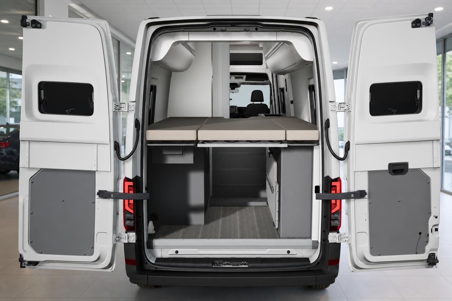 Kastenwagen von hinten mit geöffneten Türen und ausgezogenem Bett